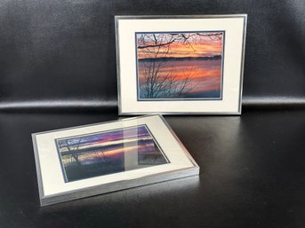 A Pair Of Framed Amateur Art Photos: Sunrise/Sunset Over Water