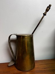 Antique Brass Milk Pitcher With Hinged Lid And Churning Rod