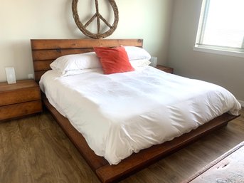 King Size Richardson Reeves Modern Platform Bed, Mattress, Linens & Lighted Peace Sign!