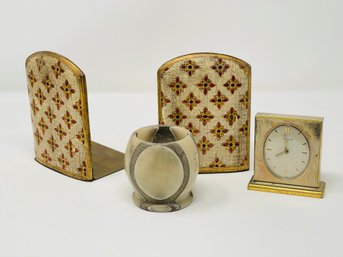 Vintage Florentine Bookends, Luxor 8 Desk Clock And Small Vase With Geometric Pattern, Made In Italy