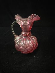 Vintage FENTON Glass Melon Pitcher With Ruffled Rim And Bubble Pattern In Cranberry Pink