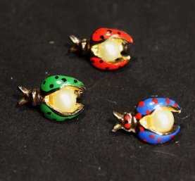 Three Vintage Cold Painted Faux Pearl Lady Bug Scatter Pins