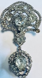 VINTAGE SILVER TONE WHITE RHINESTONE DANGLE BROOCH