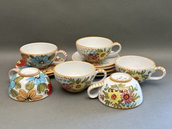 A Pretty Set Of Coordinated Over-Sized Cups & Saucers, Italian Ceramic