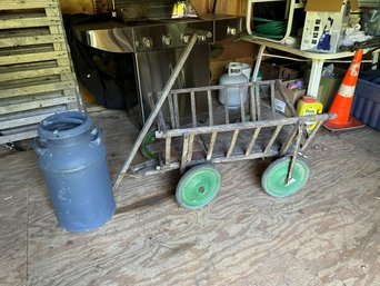 ANTIQUE WAGON, ANTIQUE MILK BARREL, AND A CROCQUET SET