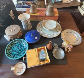 DECORATIVE ITEMS INCLUDES LIMOGE SERVICE PLATE, JAPANESE COVERED JAR, AND A GUILLOCHE COPPER DISH