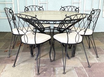 A Vintage Wrought Iron Glass Top Dining Table And Set Of 6 Chairs, C. 1950's, By Woodard