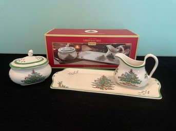 Spode Christmas Tree Creamer & Sugar Set With Tray