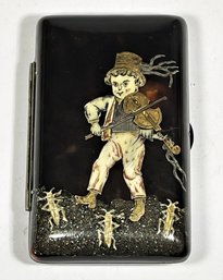 Antique Carved Horn Cigarette Case Gold, Silver, Pearl Inlay Boy W Violin Dancing Crickets