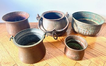 5 Vintage Copper Bowls & Baskets, Some African