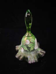 Fenton Spruce Green Hand Painted Flowers Crest Ruffled Bell Signed