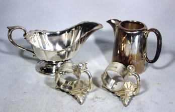 Lot Vintage To Contemporary Silver Plated Items, Gravy Boat, Creamer & Napkin Rings