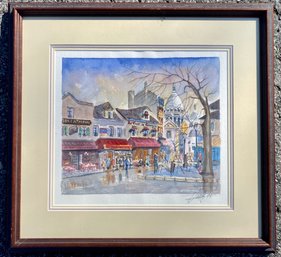 Parisian Watercolor, City Streetscape With Artists, Signed Indiscernibly, 1998
