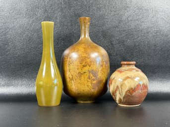 A Grouping Of Beautiful Vintage Vases In Glazed Ceramic, Patinaed Bronze & Studio Pottery