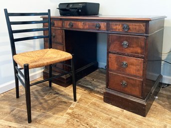 A Vintage Mahogany Knee Hole Desk With Tooled Leather Top And Rush Seated Side Chair