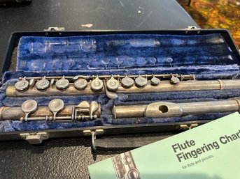 Vintage Flute In Case With Flute Fingering Chart