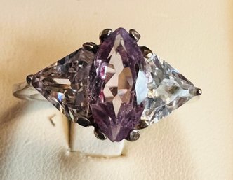 STERLING SILVER MARQUISE AMETHYST & TRILLIANT CUT CZ RING