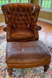 Nautical Leather Tufted Back Wing Chair With Ottoman