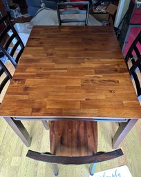 Wooden Dining Table W/ Extension Hidden Underneath & Six Matching Chairs - Cherry Wood Top W/ Black Wood Legs