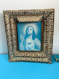 Vintage 3D Picture Hologram Of Jesus And Virgin Mary Lighted Framed Picture