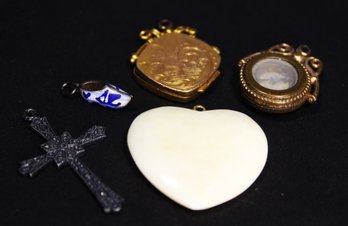 Lot: Sterling Enamel Show Charm, Victorian Gold Filled Fobs, Carved Heart Sterling Cross Pendant