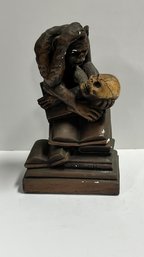Vintage Marwal Darwin Monkey Holding Skull, Thinker Statue, Signed- Bronze Finish