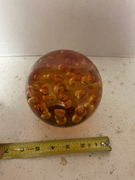 Large Art Glass Paper Weight With Bubbles , Amber