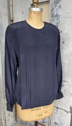 Vintage Ellen Tracy Navy Silk Pleated Blouse With Button Down Back- Size 6