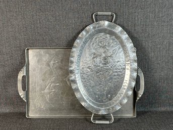 A Pair Of Vintage Mid-Century Embossed Aluminum Trays