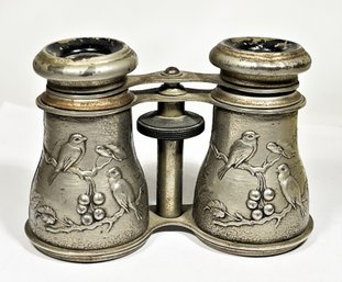 Pair Antique Nickel Plated Brass Opera Glasses Having Bird And Berry Design