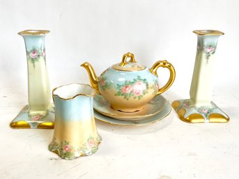 Teapot, Saucers, Candlesticks And Creamer Including Limoges And  Hutschenreuther And Gelb