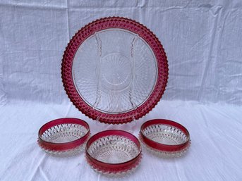 Vintage Indiana Glass Diamond Point Ruby Divided Serving Platter And 3 Bowls