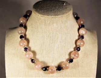 Genuine Amethyst And Rose Quartz Choker Beaded Necklace 14' Long