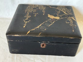 Antique JAPANESE Black Lacquered Box With Gilt Gold Decoration And Original Key