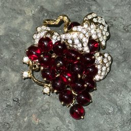 ~ Rare ~ NOLAN MILLER Bordeaux Red Grape And Pave Rhinestone Gold Brooch
