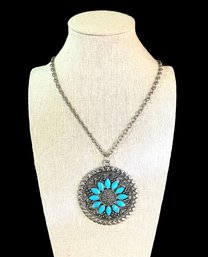 Southwestern Style Large Turquoise Color Round Pendant Necklace