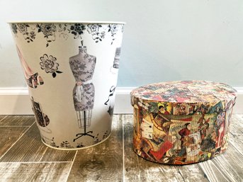 A Wastebasket And Miniature Hat Box