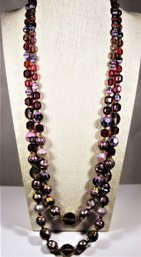 Sterling Silver And Amethyst Glass Beaded Double Strand Elongated Necklace