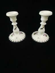 Fenton Milk Glass Candleholders Hand Painted Violets In The Snow Silver Crest