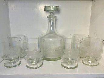 Mid Century Tuscany Ship Etched Crystal Decanter And Glasses