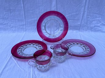 Vintage Tiffin-franciscan Kings Crown Ruby Flash Thumbprint Dessert Plates And Creamer & Sugar Bowl