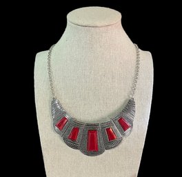 Beautiful Large Silver And Red Color Textured Necklace