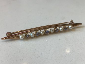 14K Gold Pearl And Sapphire Broach