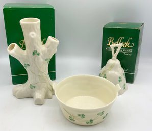 Belleek Trunk Stump Vase With Box, Bell With Box & Bowl (C)