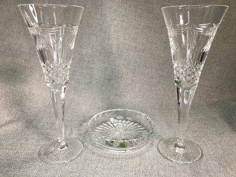 Pair Fabulous WATERFORD Crystal Millennium Champagne Flutes & With Waterford Crystal Bottle Coaster - Nice !