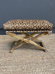 Florentine Gilded Cross Based Bench With Great Mid Century Upholstery