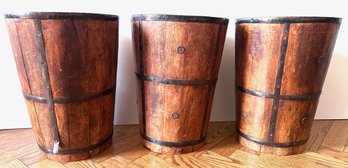 3 Vintage Wood Baskets With Metal Trim