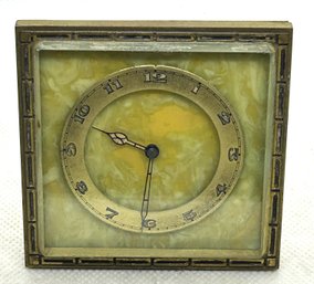 Antique Circa 1920 Green Onyx And Bronze Travel Clock- Art Deco