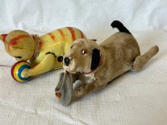 Pair Of Vintage 1940s Japanese Wind Up Tin Toys- Dog And Cat With Ball