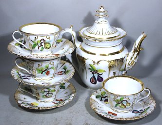 Antique Paris Porcelain Teapot & 4 Cups And Saucers Botanical 1840s